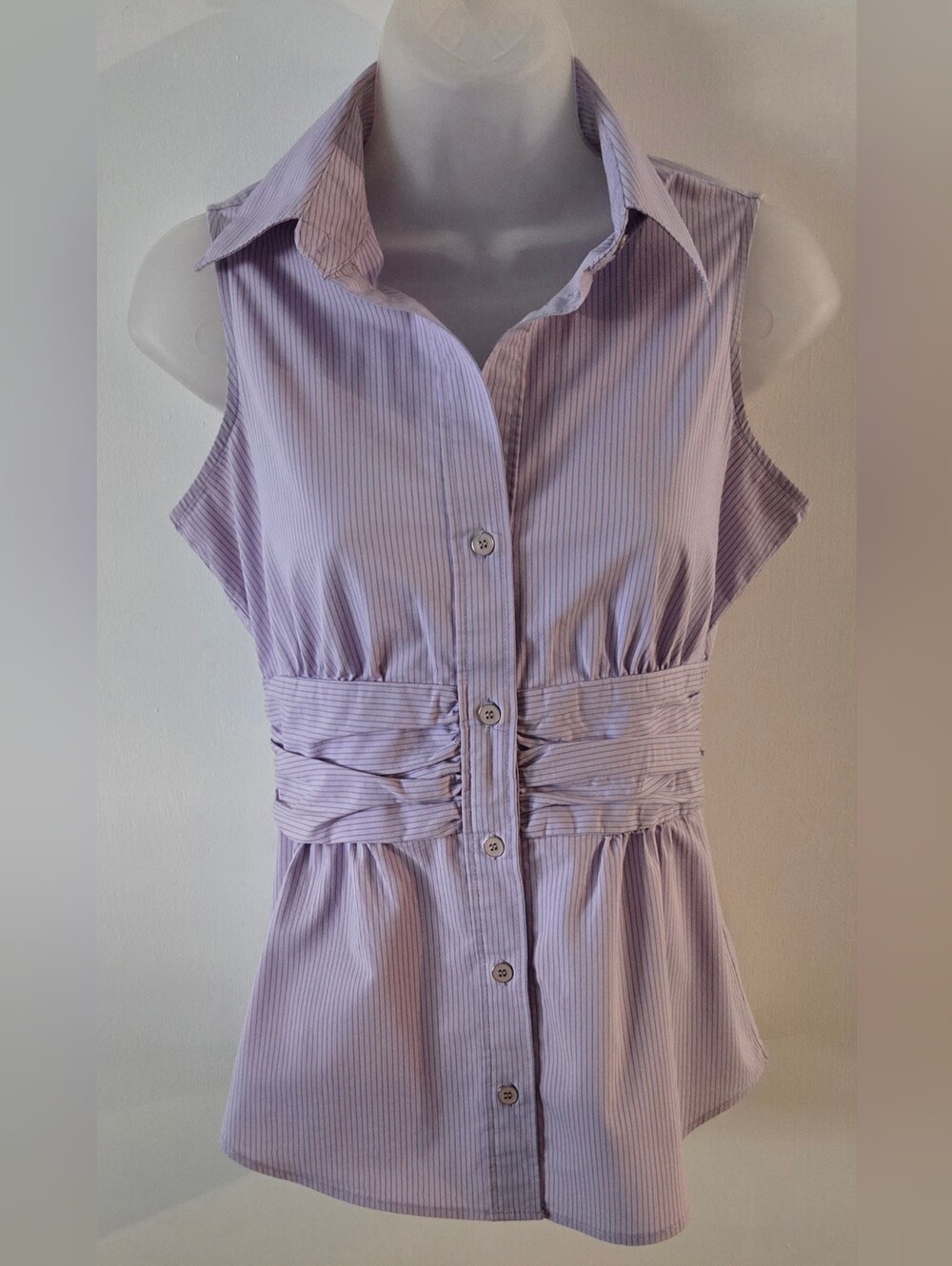 New York & Company Button Down Top Sz XS Lavender And Blue Cinched Waist Euc